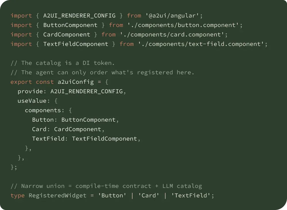 TypeScript code showing how A2UI_RENDERER_CONFIG as injection token defines the component catalog, with a narrow union type restricting the allowed widget names